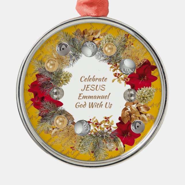 Custom Yellow CELEBRATE JESUS Christmas Wreath  Metal Ornament (Front)
