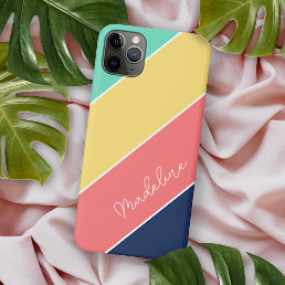 Custom Yellow Coral Dark Blue Aqua Green Stripes iPhone 12 Case