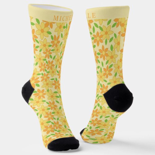 Custom Yellow Floral Orange Green Flowers Pattern Socks