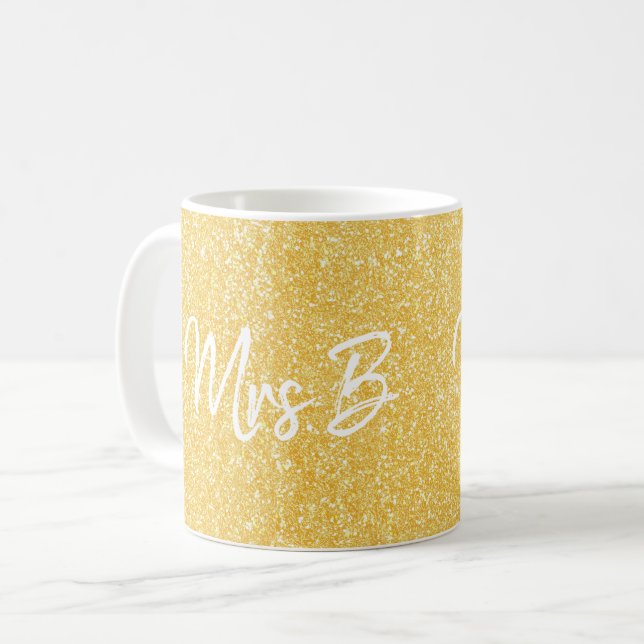 Custom Yellow Gold Mrs Initial Glitter Coffee Mug (Front Left)