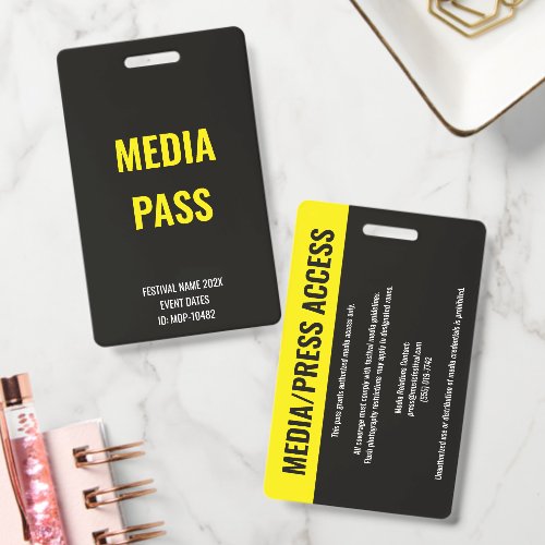 Custom Yellow Media Press Access Concert Festival Badge