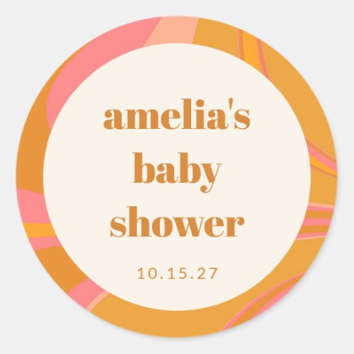 Custom Yellow Orange Pink Marble Baby Shower Classic Round Sticker