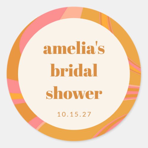 Custom Yellow Orange Pink Marble Bridal Shower Classic Round Sticker