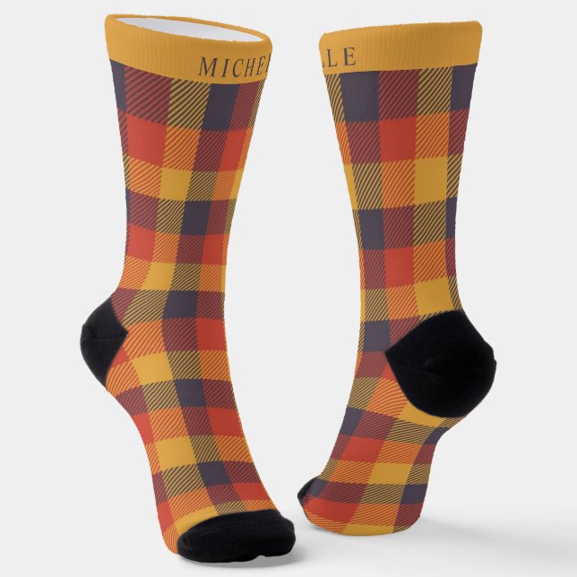 Custom Yellow Orange Purple Checkered Pattern Socks (Angled)