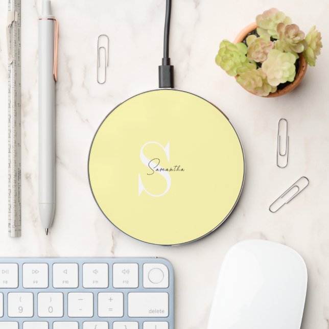 Custom Yellow Pastel Wireless Charger _ Monogram (Desk)