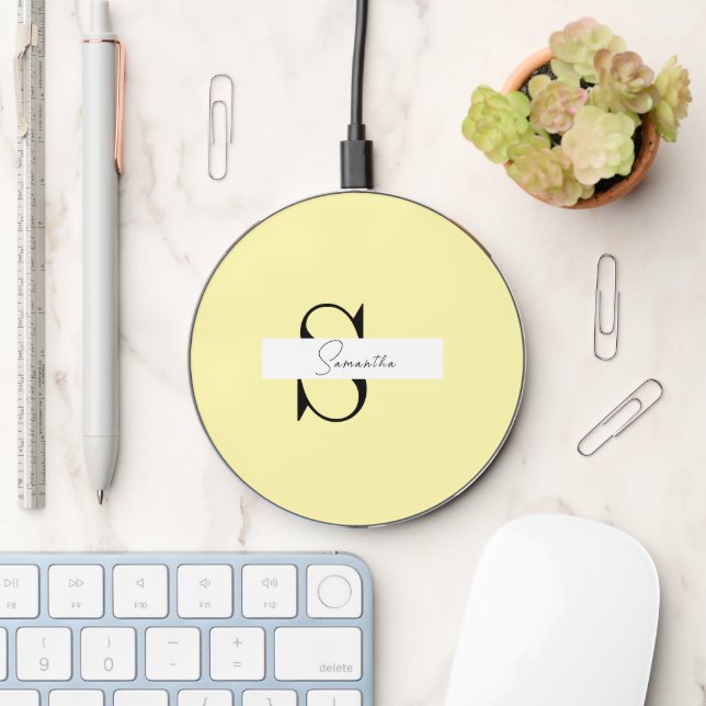 Custom Yellow Pastel Wireless Charger _ Monogram (Desk)