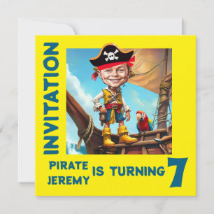 Custom Yellow Pirate 7th Birthday Boy Caricature  Invitation