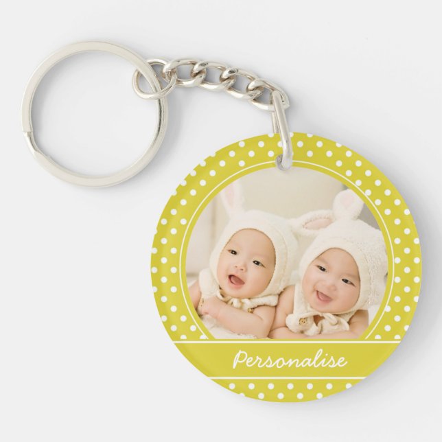 Custom Yellow Polka Dot Photo Personalised Keychain (Front)