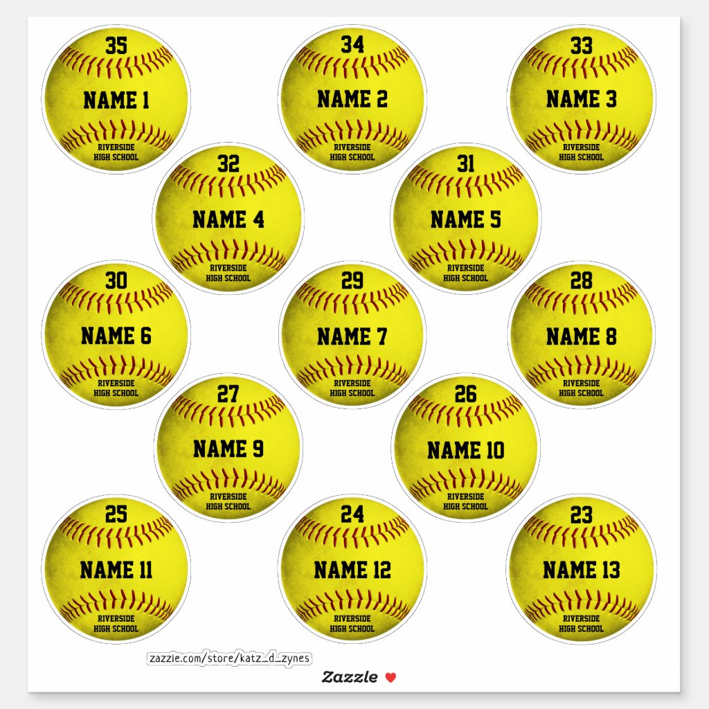 Custom yellow softballs set of 13 players' names stickers