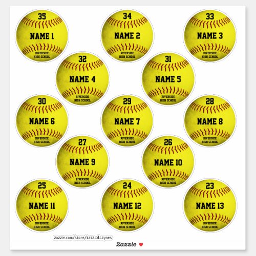 Custom yellow softballs set of 13 players names sticker