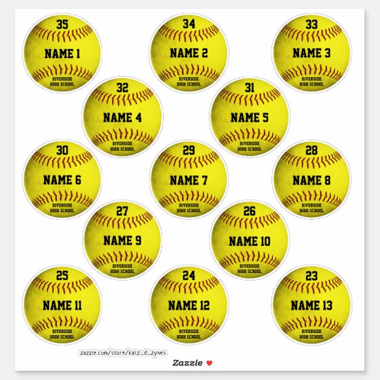 Custom yellow softballs set of 13 players' names sticker