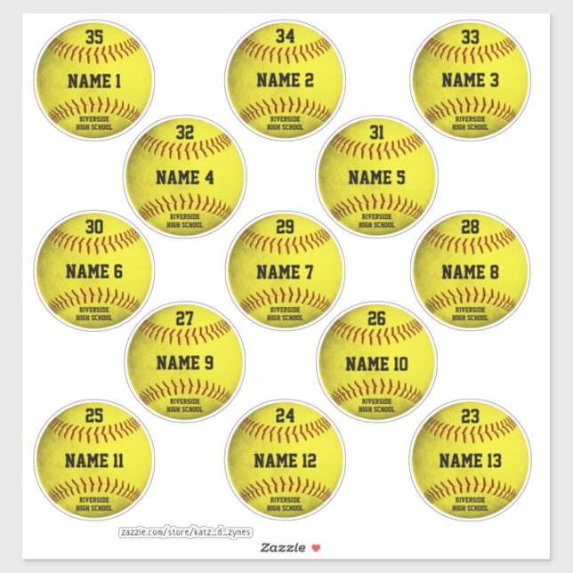Custom yellow softballs set of 13 players' names sticker (Sheet)