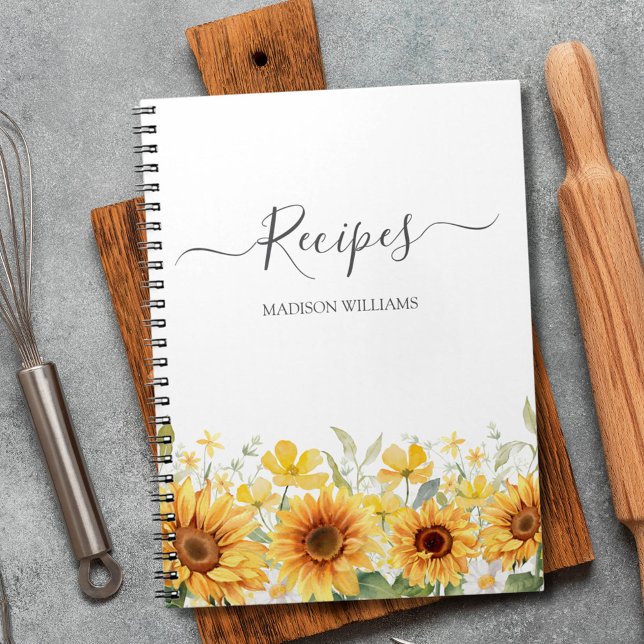 Custom Yellow Sunflower Family Recipe Notebook (In situ)