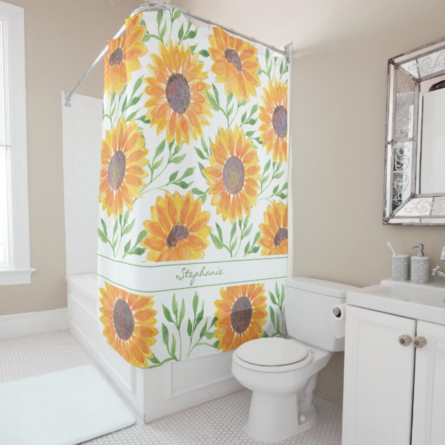 Custom Yellow Sunflower Pattern Shower Curtain (In Situ)