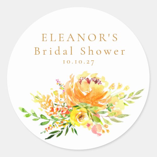 Custom Yellow Watercolor Floral Bridal Shower  Classic Round Sticker