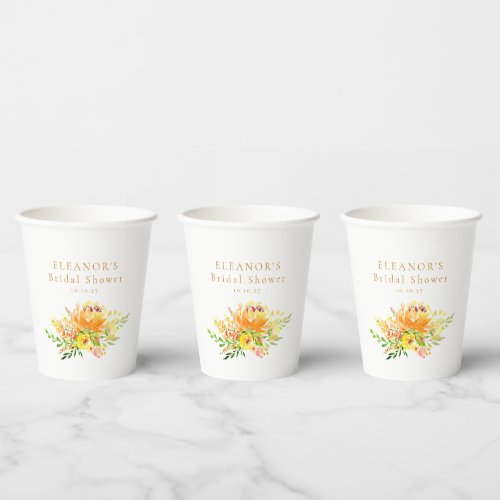 Custom Yellow Watercolor Floral Bridal Shower  Paper Cups