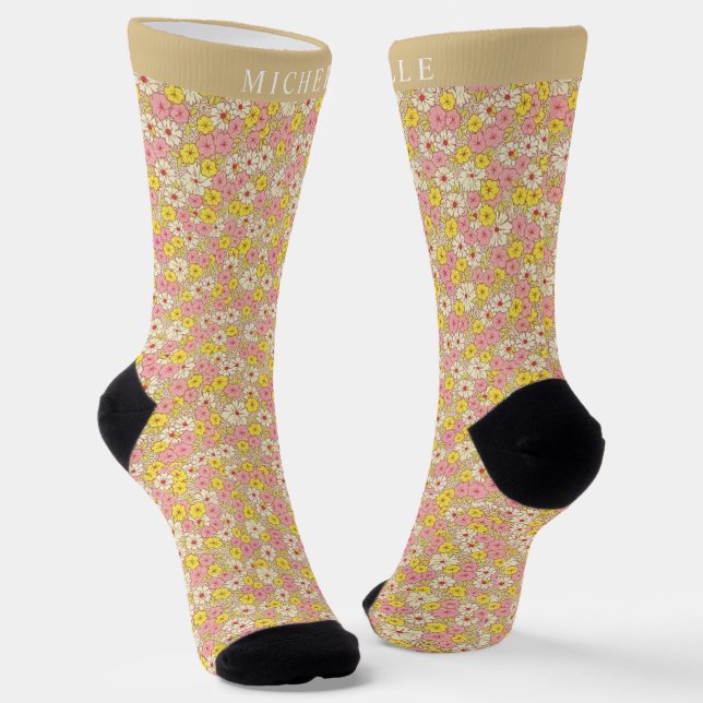 Custom Yellow White Pink Floral Flowers Pattern Socks (Angled)