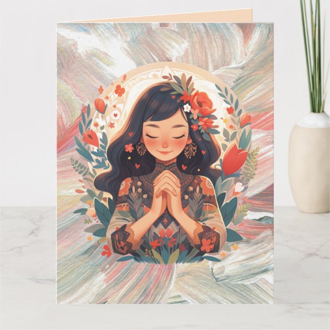 Custom Young Girl Praying Floral Orange Greeting Card (Front)