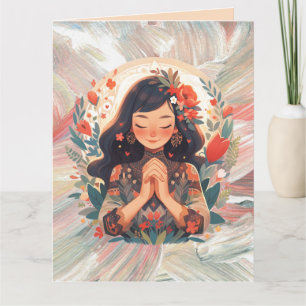 Custom Young Girl Praying Floral Orange Greeting Card