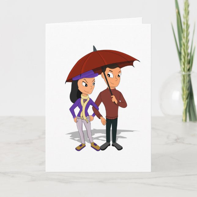 Custom young happy couple cartoon holiday card (Front)