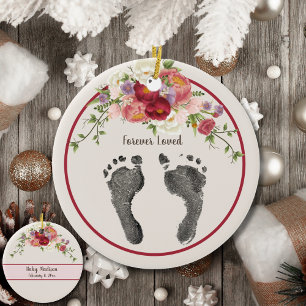 Custom Your Baby's Foot Prints Red Floral Memory  Ceramic Ornament