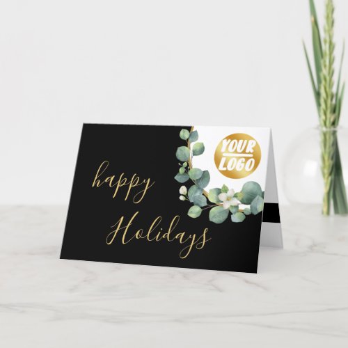 custom your Company Logo Gold Wreath Eucalyptus sq Holiday Card