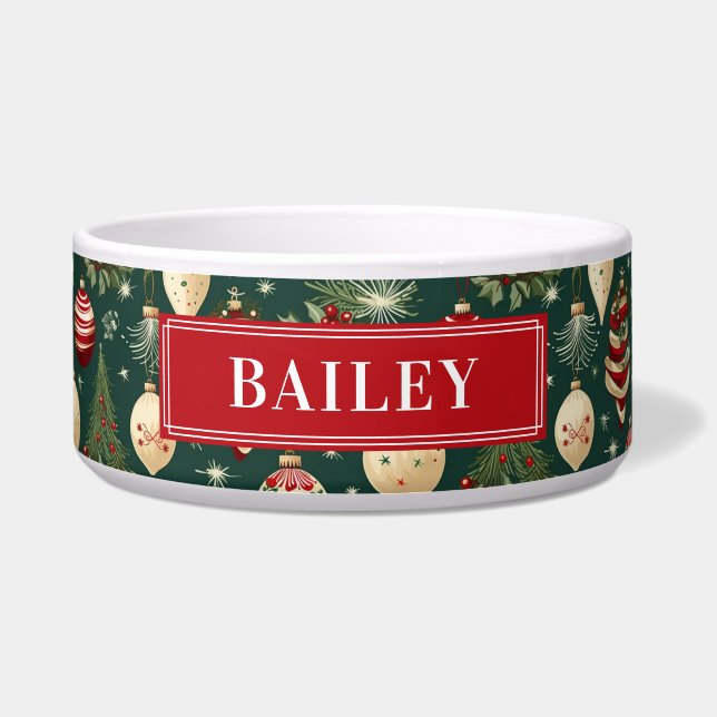 Custom Your Dog Name Christmas Red Green Pet Bowl (Front)