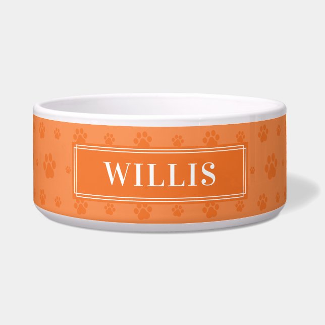 Custom Your Dog Name Orange Paws Ceramic Pet Bowl (Front)