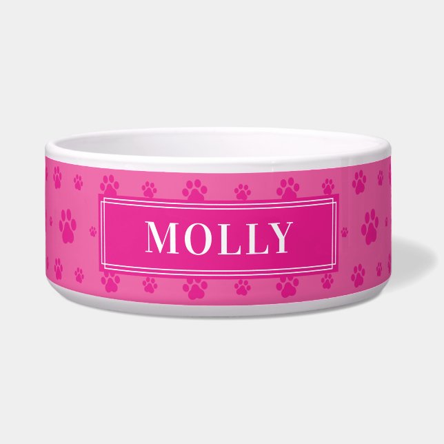 Custom Your Dog Name Pink Paws Ceramic Pet Bowl (Front)