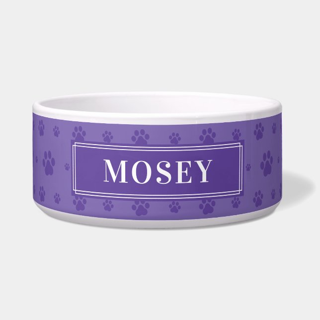 Custom Your Dog Name Purple Paws Ceramic Pet Bowl (Front)