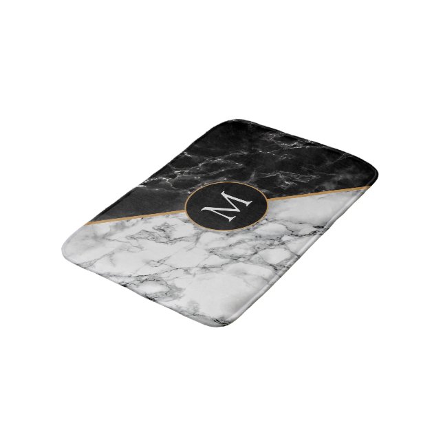 Custom Your Letter Bath Mat Black White Marble (Angled)