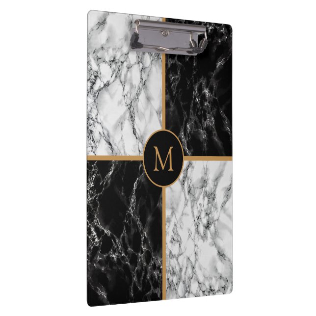 Custom Your Letter Black White Marble Clipboard (Right)