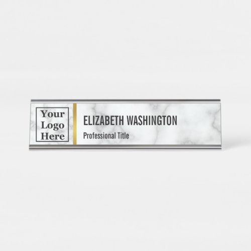 Custom Your Logo Here on Elegant Faux White Marble Desk Name Plate