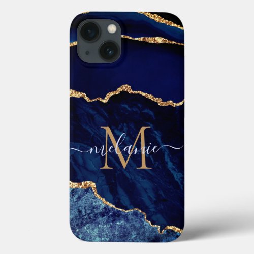 Custom Your Name Agate Navy Blue Gold Marble iPhone 13 Case