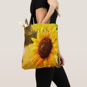 Custom Your Name Bright Artistic Yellow Sunflower Tote Bag