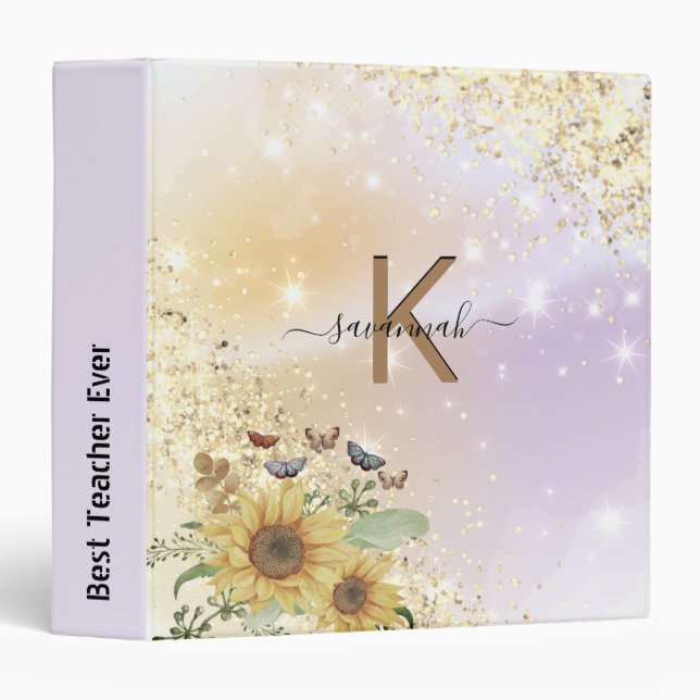 Custom Your Name Elegant Sunflower High School   3 Ring Binder (Front/Spine)