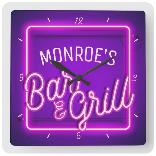 Custom YOUR NAME Faux Neon Sign Retro Bar Grill Square Wall Clock