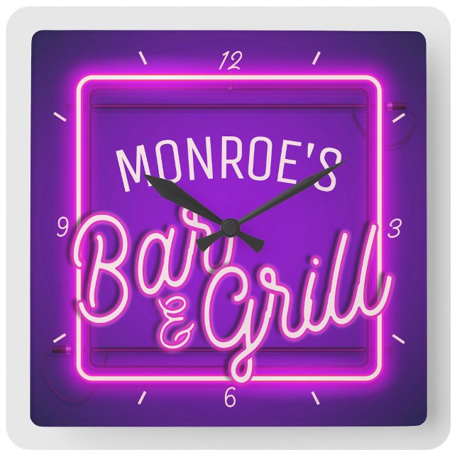 Custom YOUR NAME Faux Neon Sign Retro Bar Grill Square Wall Clock (Creator Uploaded)