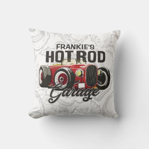 Custom YOUR NAME Hot Rod Garage Personalized Car Throw Pillow