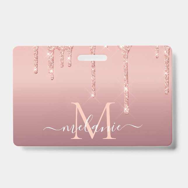 Custom Your Name Letter Rose Gold Glitter Badge (Front)