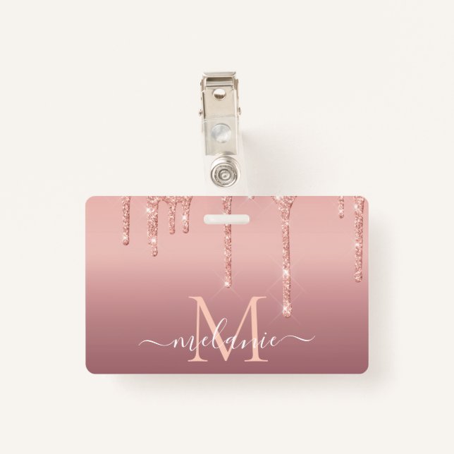 Custom Your Name Letter Rose Gold Glitter Badge (Back with Clip)