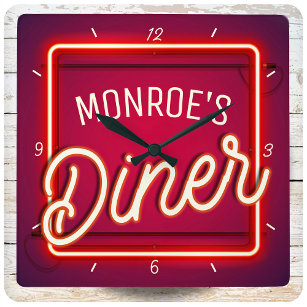 Custom YOUR NAME Red Faux Neon Sign Retro Diner Square Wall Clock