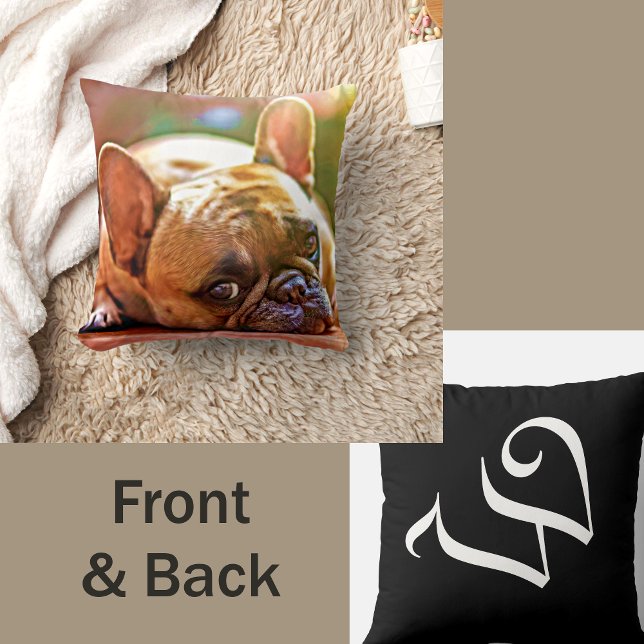 Custom Your Pet Photo Monogrammed Black White Throw Pillow (Creator Uploaded)