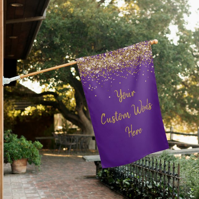 Custom Your Text Birthday Party Purple and Gold House Flag (In SItu)