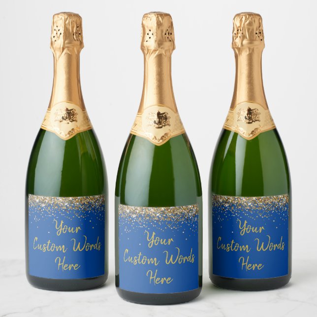 Custom Your Text Here Personalized Blue Gold Gift Sparkling Wine Label (Bottles)
