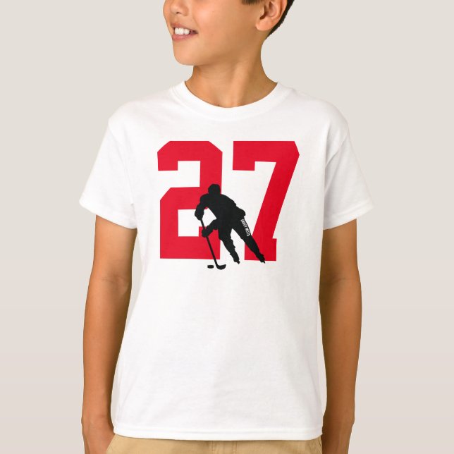 Custom Youth Hockey Player Number Red T-Shirt (Front)