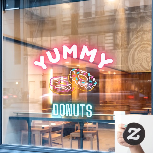 Custom Yummy Sprinkle Donuts Faux Neon Lights  Window Cling (Cafe Window)