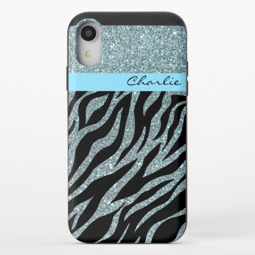 Custom Zebra Girly Teal Glitter Sparkle Silver iPhone XR Slider Case