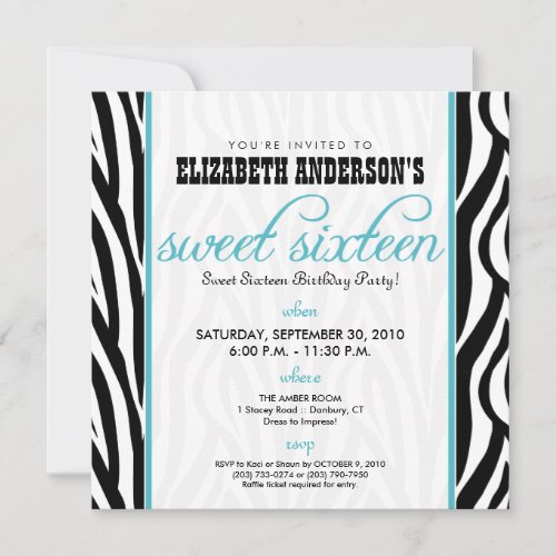 :custom: Zebra Sweet 16 Party Invitation (aqua)