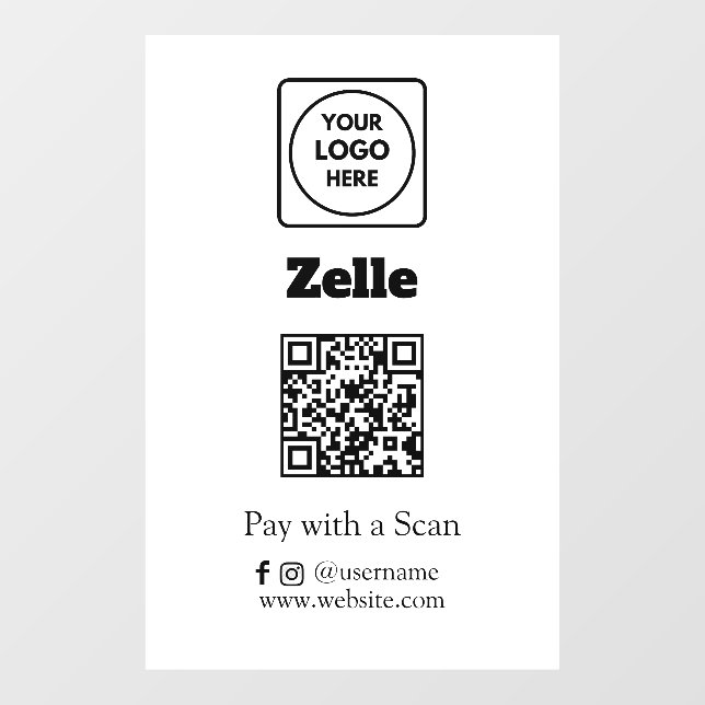 Custom Zelle QR | Scan to Pay Business Display Window Cling (Sheet)